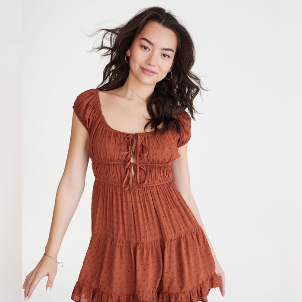 Aeropostale Solid Scoop-Neck Swiss Dot Fit & Flare Dress Sz L
